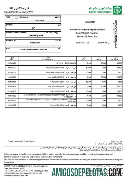 Extrato de conta da Kuwait Finance House para download, modelo Word e PDF